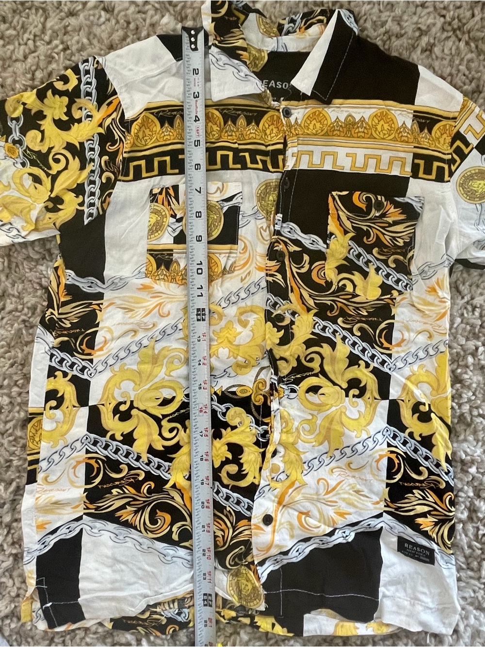Reason Mens Patterned Button-Up Shirt With Gold & Black Medallion Design Size M - Picture 11 of 11